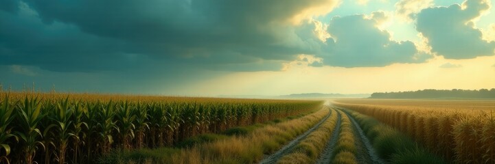 Obraz premium Dark clouds loom over cornfields swaying in the wind, cornfields, desolate landscape, hazy land