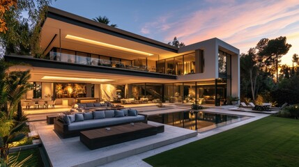 Obraz premium Modern Luxury Home with Pool and Garden at Sunset in the Evening