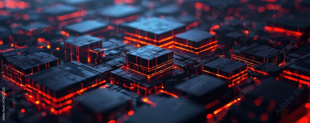 Poster a close-up view of a futuristic circuit board with glowing red accents, showcasing intricate microch