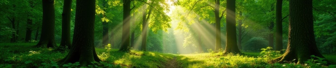 Dappled sunlight filters through leafy canopy above forest floor, trees, woodland, sunlight