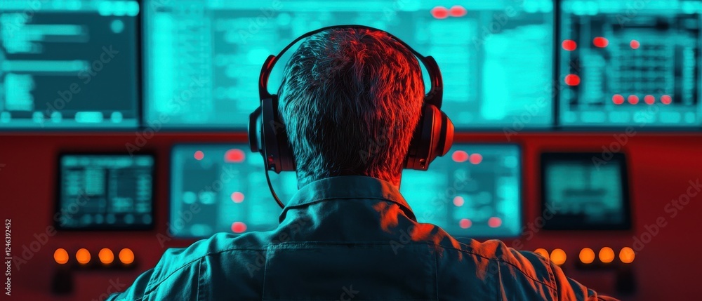 Poster a person wearing headphones monitors multiple screens displaying data, illuminated in a blue and red
