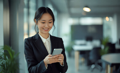 smiling businesswoman using smartphone in a modern office