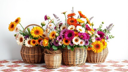Boho-Inspired Bouquets Bloom in Wicker Vessels on Pastel and Patterned Backdrops