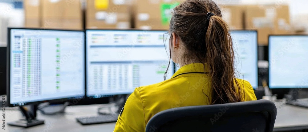 Poster a person in a yellow shirt sits at a workstation with multiple monitors displaying data, surrounded 