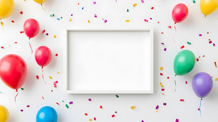 A Whimsical Celebration Setup Featuring Colorful Balloons and Confetti Around a Blank Frame, Perfect for Capturing Joyous Moments