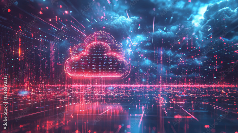 Poster digital cloud storage concept with vibrant data streams