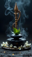 Naklejka premium Shiv lingam with white flowers and bell leaves and flowers with smoky ambiance