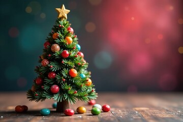 A small Christmas tree is decorated with an assortment of colorful candies, , holiday decor, ornaments