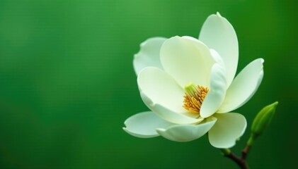 Obraz premium A single white magnolia flower against a soft green background, botanicals, magnolia flowers, blooming flowers