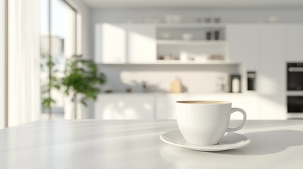 Obraz premium A white coffee cup on a table in a bright, modern kitchen setting.