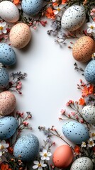 Obraz premium Minimalist Easter Decor with Colorful Eggs and Floral Arrangement for Spring Celebration