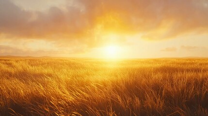 Obraz premium Golden Sunrise Over Lush Grassy Field With Gentle Breeze
