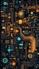 Futuristic Glowing Cyber Circuit Board, A Vector Artwork of Intricate, Orange, and Blue Technology