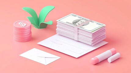 A 3D cartoon-style illustration of a stack of money, a blank envelope, a dollar coin, and two glue sticks, on a pink background.