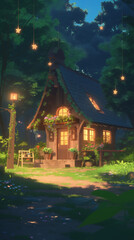 Small anime cottage in a lush green forest, cozy and inviting fantasy illustration