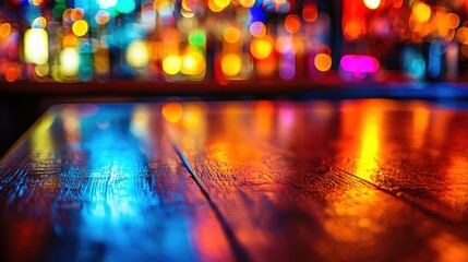 An empty wooden table surface in sharp focus, with a blurred counter bar and colorful bottles glowing softly in the background