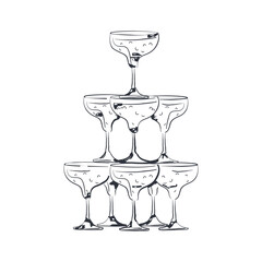 The champagne tower, hand-drawn in black ink. Vector illustration in the form of doodles, isolated. A design element for weddings, cocktail parties, bachelorette parties, menu.