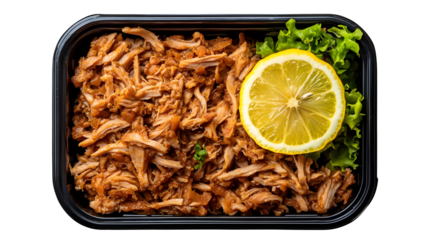 A container of jackfruit pulled pork substitute with a slice of lemon top view isolated on a transparent background