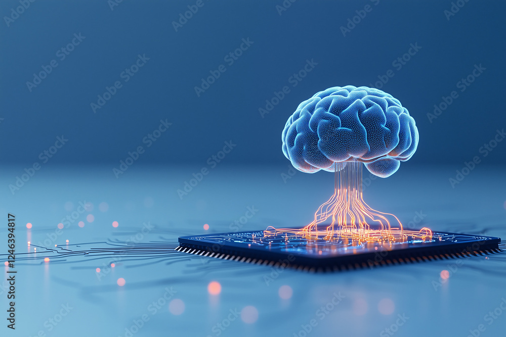 Poster neural network growth: a vibrant, glowing digital brain sprouts from a central processing unit, repr