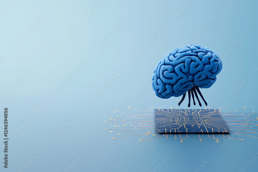 Poster brain-computer interface: a 3d rendering of a human brain hovering above a microchip, symbolizing th