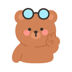Korean Style Bear Emoji with Glasses Making Peace Sign