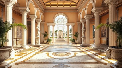 Obraz premium Elegant marble hall with columns, statues, and natural light