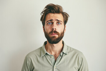 Obraz premium portrait of a pensive young man with a beard wearing a light-green shirt