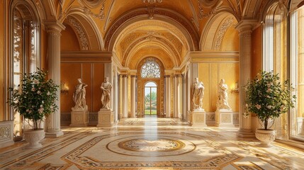 Obraz premium Grand Elegant Hallway with Statues and Large Windows View