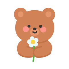 Obraz premium Korean Style Bear Emoji Holding White Daisy Flower in Hand