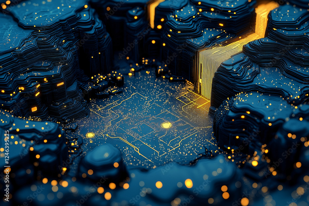 Poster the heart of the circuit: a captivating abstract artwork of a circuit board embedded within a textur
