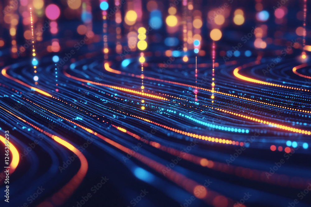 Poster digital flow: an abstract illustration of vibrant, flowing data streams and networks, a dynamic repr