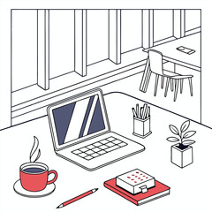 Modern office workspace setup with laptop, coffee cup, and stationery