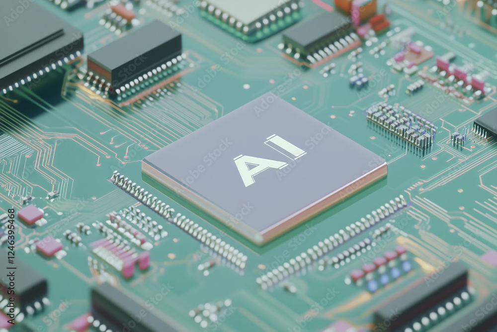 Poster ai chip on circuit board: a close-up of a microchip etched with the letters 