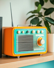 vintage radio on wooden shelf with soft light creates nostalgic atmosphere