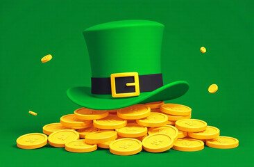 Ireland St. Patrick Day Postcard, pot Gold, Hat green background. AI Generative