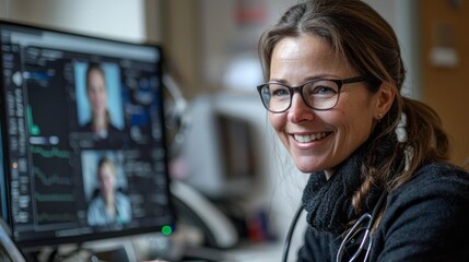 In a modern healthcare setting, a smiling female doctor conducts a virtual consultation through her computer, providing guidance and support to patients