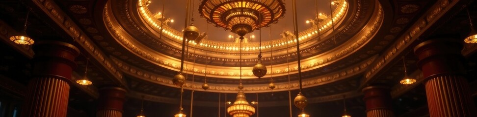 Obraz premium The delicate dance of golden spheres against the dark ceiling creates an enchanting atmosphere, ceiling fixtures, ornamented