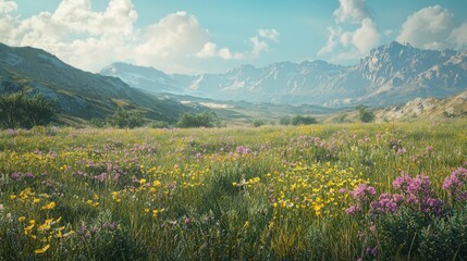 Fototapeta premium Scenic Meadow with Colorful Flowers and Majestic Mountain View