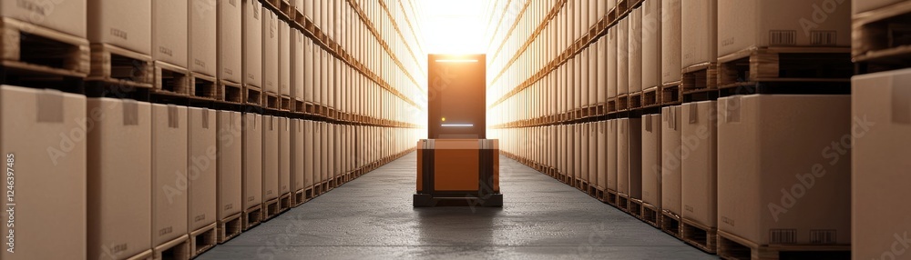 Poster a dimly lit storage area with numerous boxes lined up, focusing on a single box illuminated by light