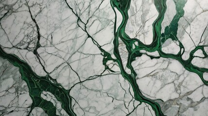 A marble surface with a white base, intricate green veining, and fine cracked patterns.