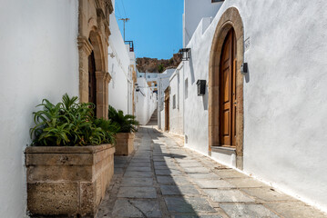 Beautiful medieval architecture of Lindos town in Rhodes, Greece.