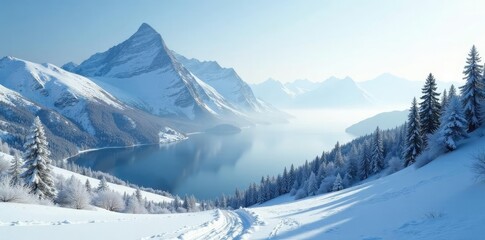 Snow-covered mountain landscape with a distant lake, foggy, mountain
