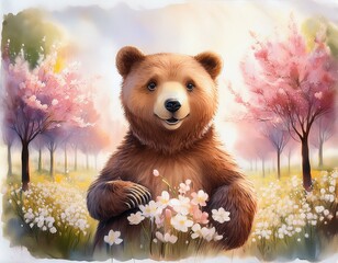 Springtime Stroll. A curious brown bear strolls through a blooming spring meadow, surrounded by colorful wildflowers and blossoming trees.