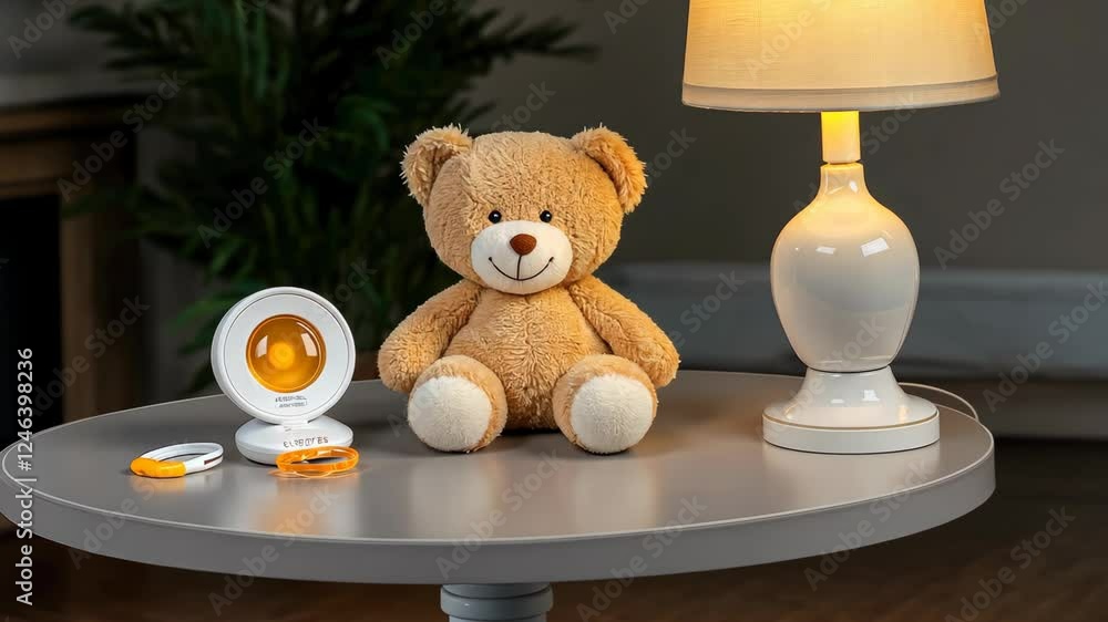 Poster a soft teddy bear sits next to a glowing lamp on a round table in a stylish living room, creating a 