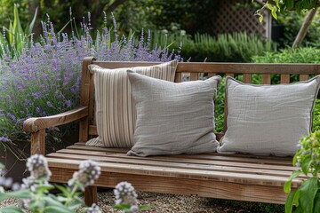 Cozy garden bench adorned with soft pillows, surrounded by blooming lavender and lush greenery