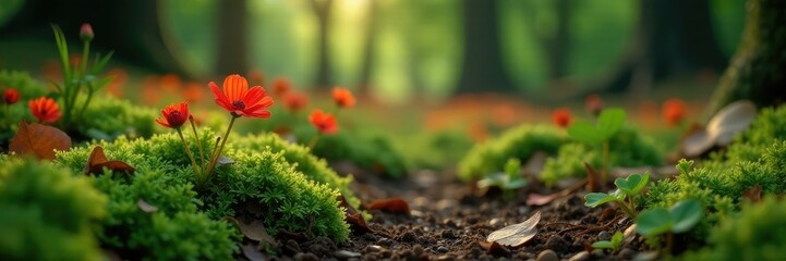 Small red flowers blooming in the forest floor, botanical, plants, forest floor
