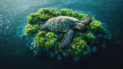 Fototapeta premium Lush Tropical Island Shaped Like a Turtle Surrounded by Crystal Clear Aquamarine Waters and Vibrant Coral Reefs