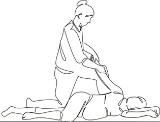 One continuous single drawing line art flat doodle pregnant woman, massage, relaxation, massage therapist, osteopath, preparation for childbirth. Isolated image hand draw contour on a white background