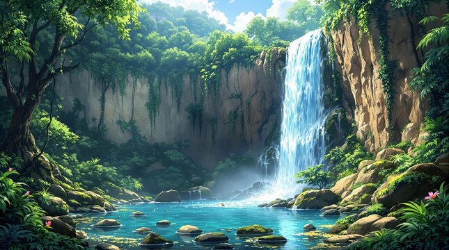 Scenery of a beautiful waterfall in the forest anime style