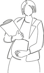 One continuous single drawing line art flat doodle woman pregnant, mother, working, business, pregnant woman at work. Isolated image hand draw contour on a white background, hand drawn, not AI
